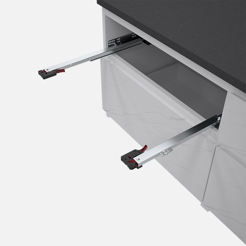 Push to open full extension undermounted slide with synchronization rod